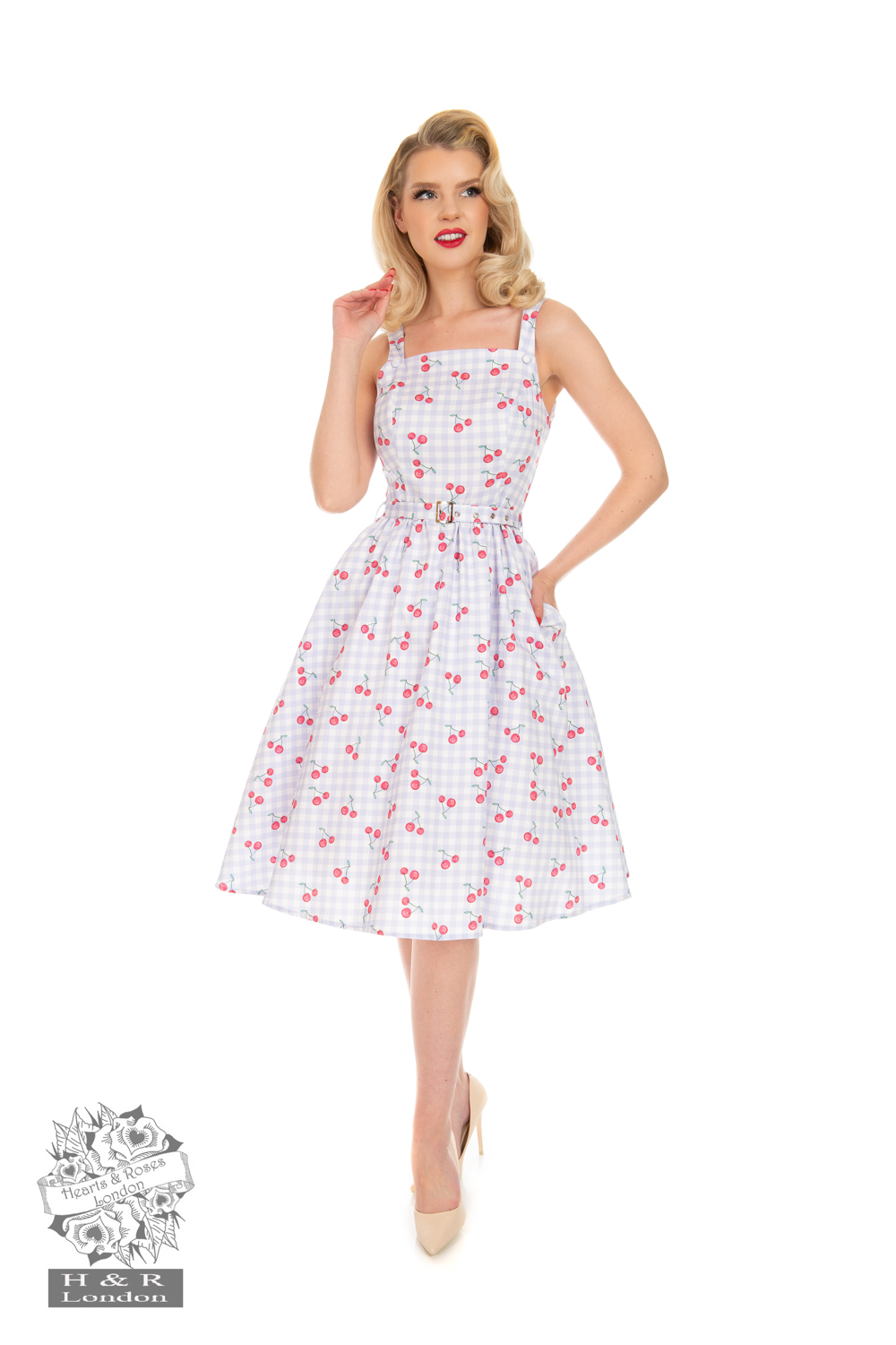 Matilda Cherry Swing Dress In Bluewhite Hearts And Roses London
